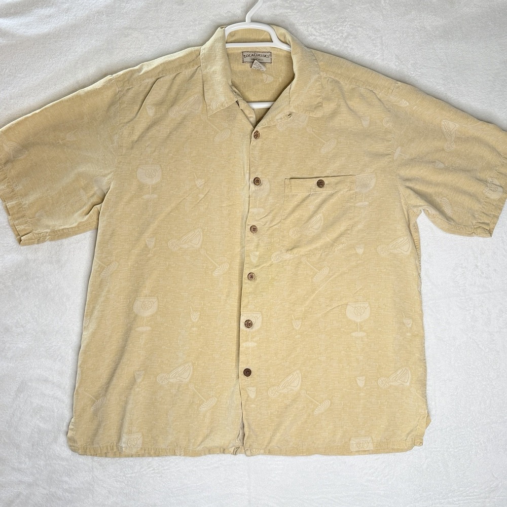 Boca Classics 100% Silk Hawaiian Camp Shirt XL Yellow Tropical‎ Cocktail Aloha